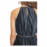 Vintage 1970's Black Thin Pleated & Tiered High Collar Dress UK 10 - 12