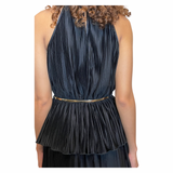 Vintage 1970's Black Thin Pleated & Tiered High Collar Dress UK 10 - 12