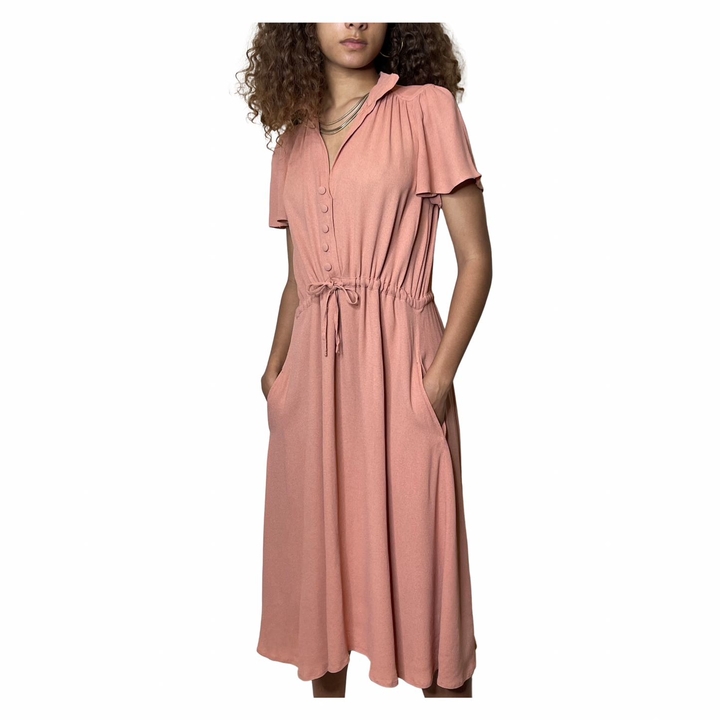 Vintage Peach Dusty Pink 1970's Radley Moss Crepe Tea Dress UK Size 12 - 14