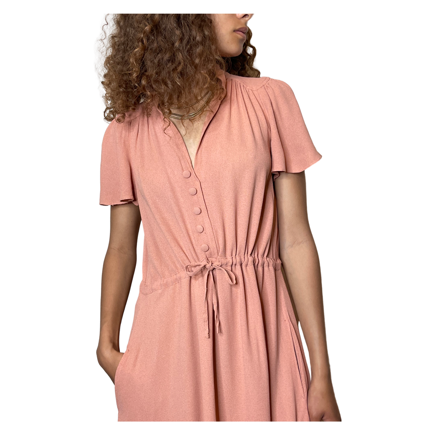 Vintage Peach Dusty Pink 1970's Radley Moss Crepe Tea Dress UK Size 12 - 14