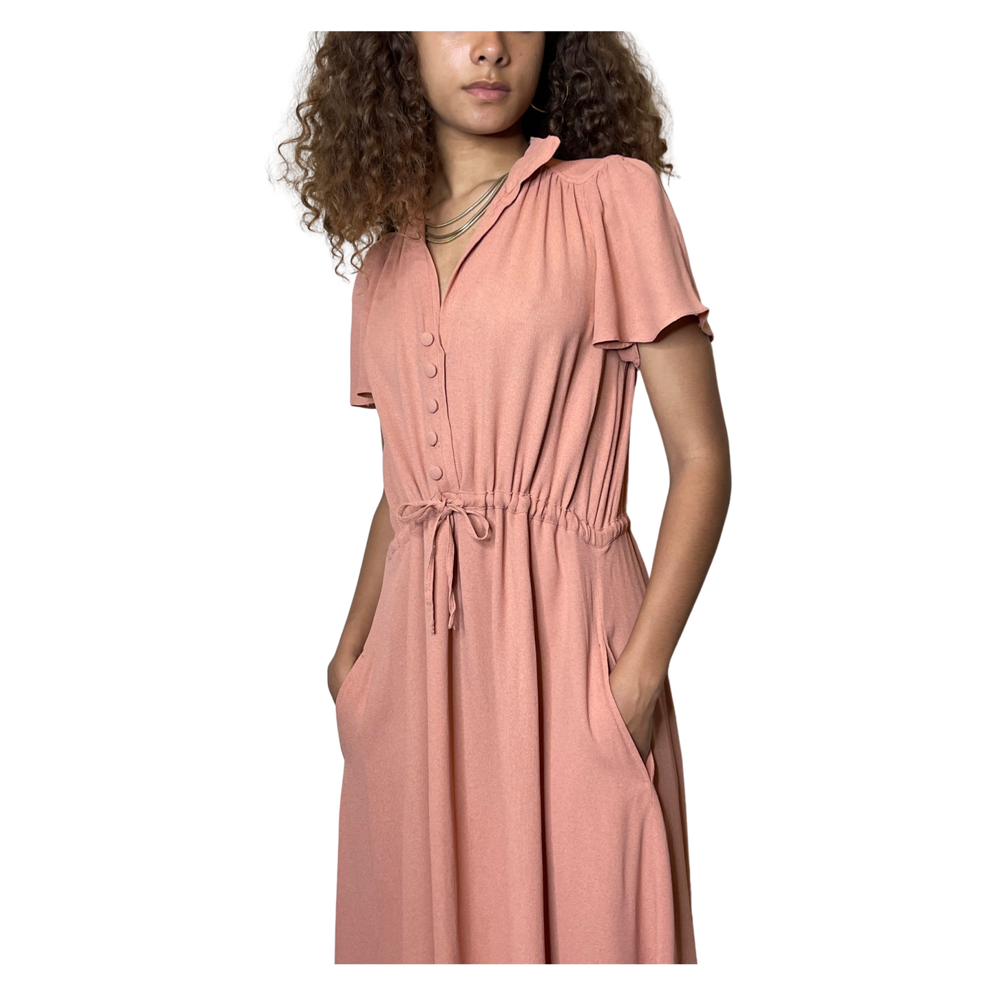 Vintage Peach Dusty Pink 1970's Radley Moss Crepe Tea Dress UK Size 12 - 14