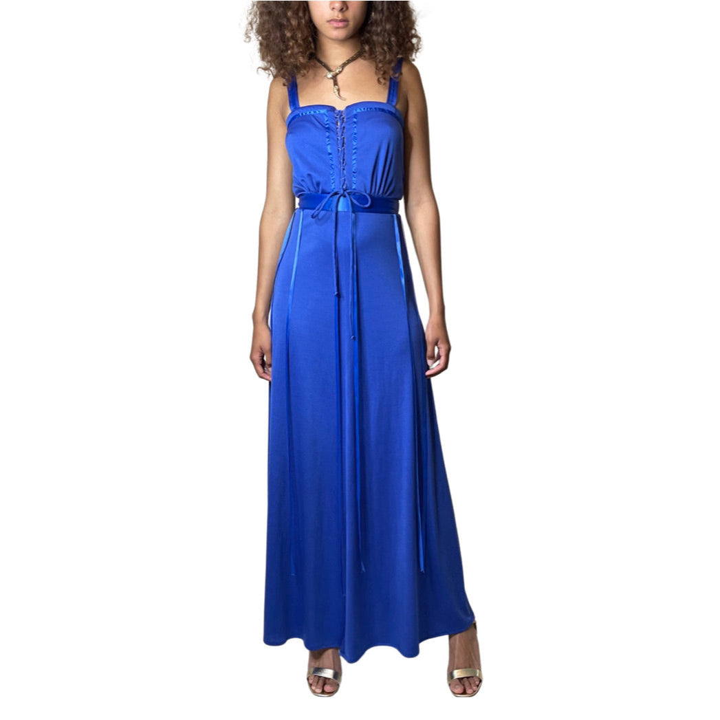 Vintage 1970's Original Electric Blue Disco Maxi Dress UK 10 - 12