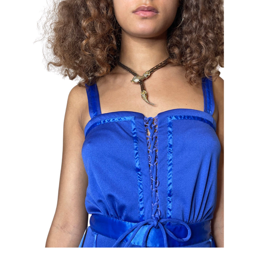 Vintage 1970's Original Electric Blue Disco Maxi Dress UK 10 - 12