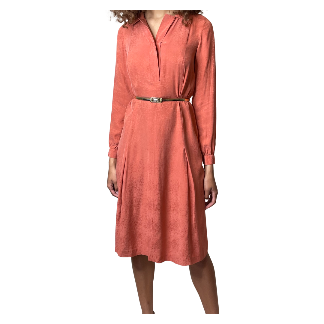 Vintage 1970's Original Pure Silk Orange Long Sleeved Shirt Dress UK 10 - 12