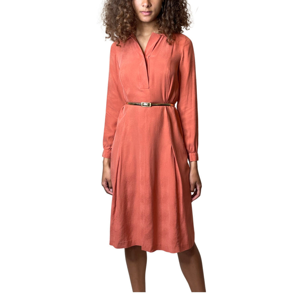 Vintage 1970's Original Pure Silk Orange Long Sleeved Shirt Dress UK 10 - 12