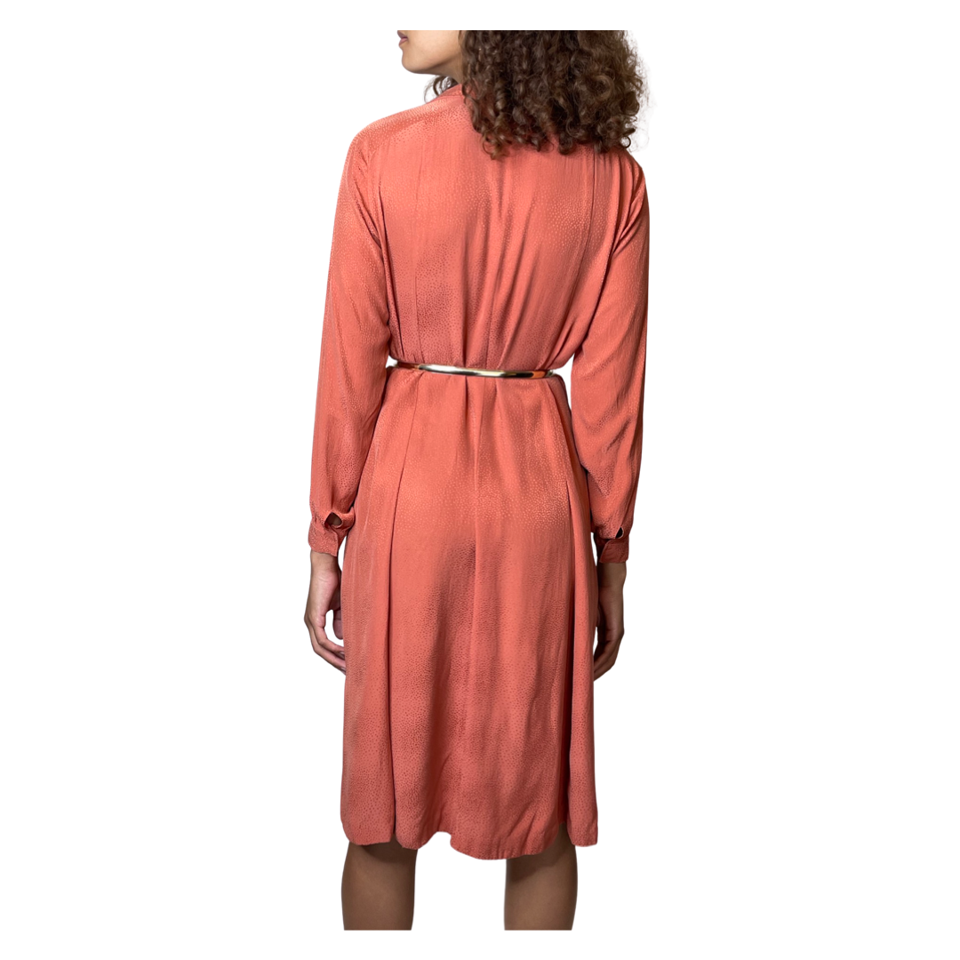 Vintage 1970's Original Pure Silk Orange Long Sleeved Shirt Dress UK 10 - 12