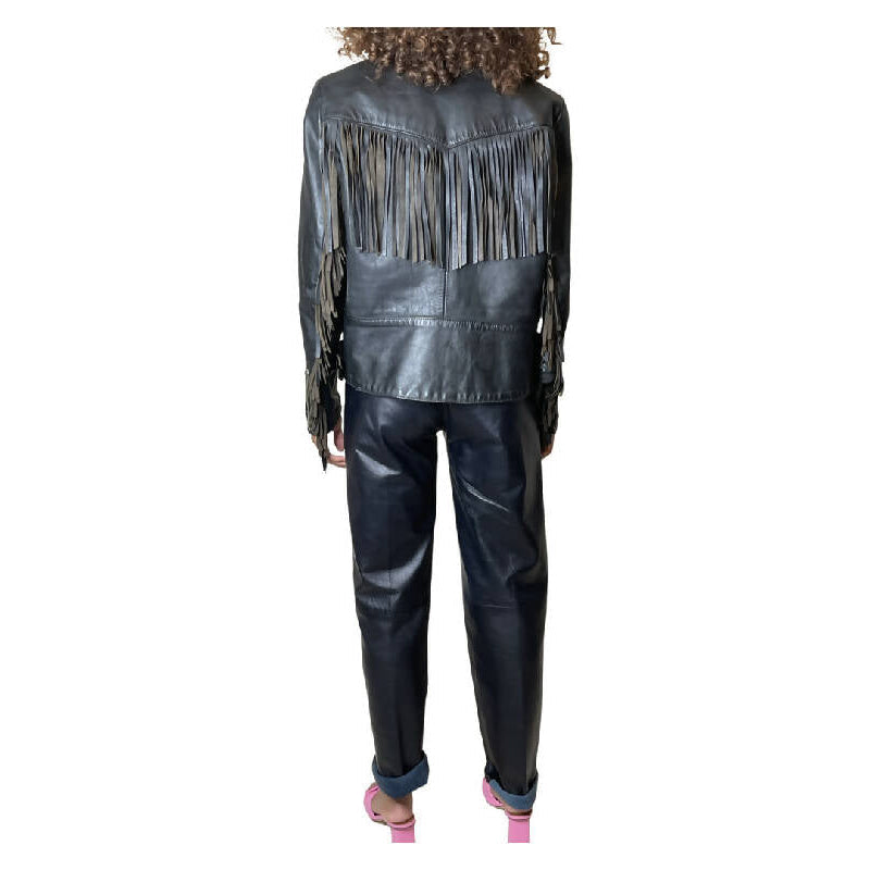 Original 1980's Vintage Black Leather Fringed Biker Jacket UK 10 - 14