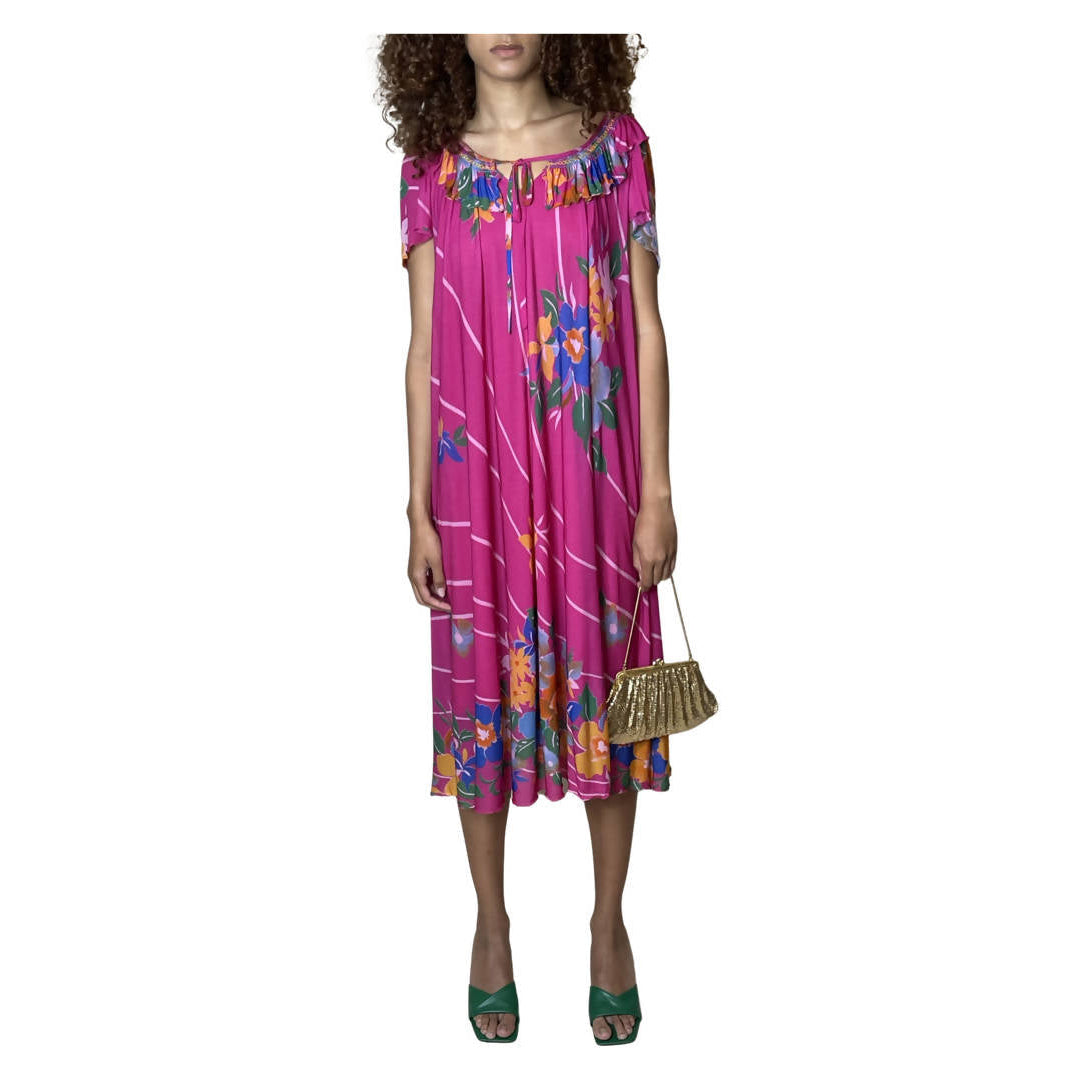 Original 1970's Vintage Bright Pink Floral Dress UK 8 - 12