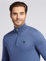 Mens Cotton Funnel Neck 1/4 Zip Knit in Vintage Indigo