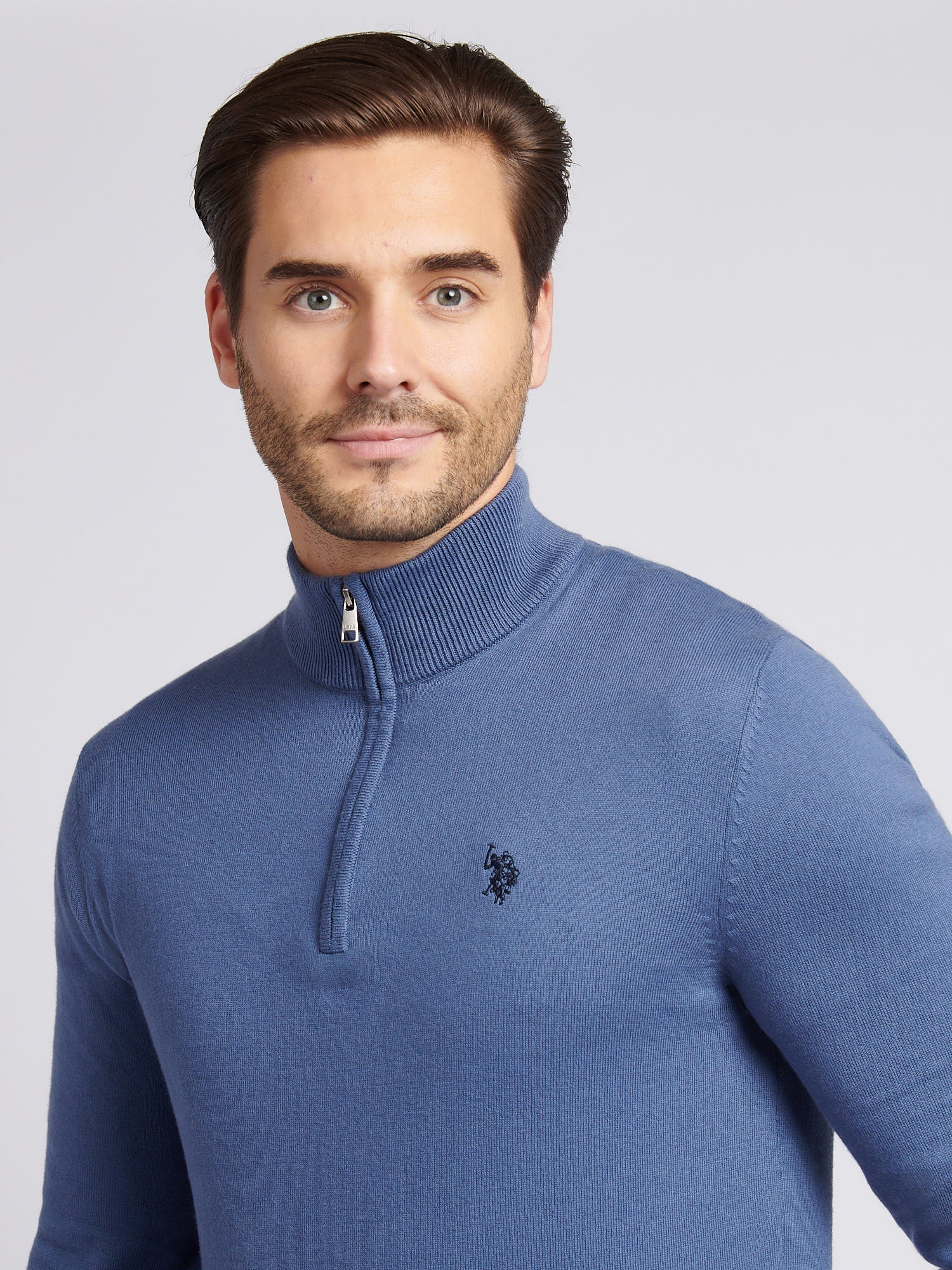 Mens Cotton Funnel Neck 1/4 Zip Knit in Vintage Indigo