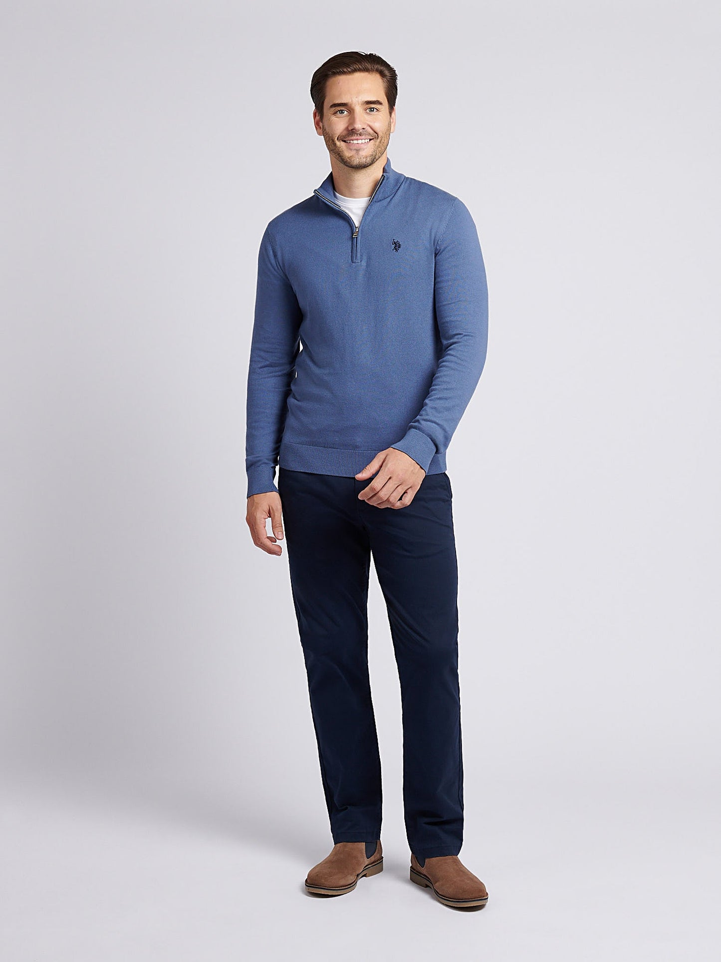 Mens Cotton Funnel Neck 1/4 Zip Knit in Vintage Indigo