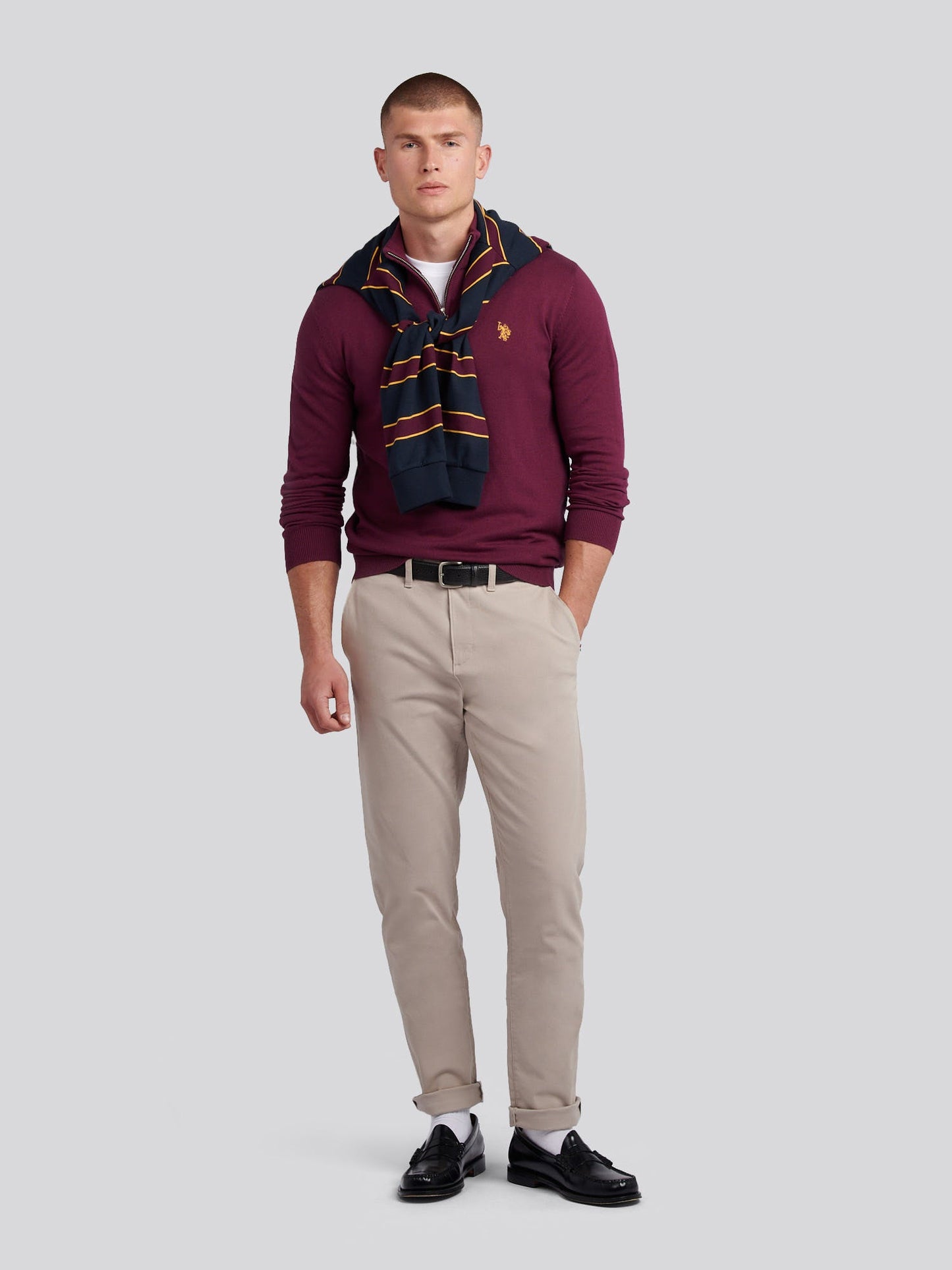 Mens Cotton Funnel Neck 1/4 Zip Knit in Grape Wine