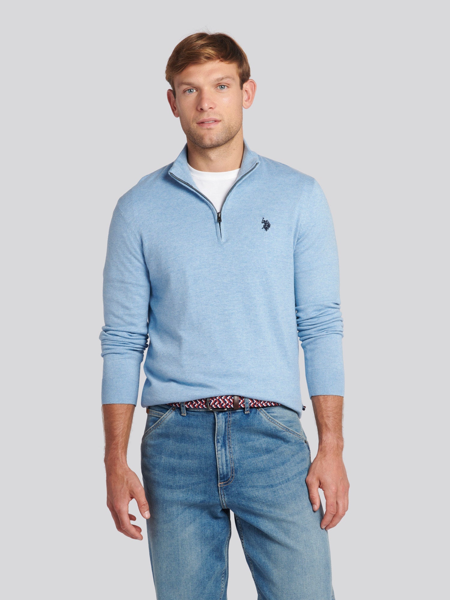 Mens Cotton Funnel Neck 1/4 Zip Knit in Parisian Blue Marl