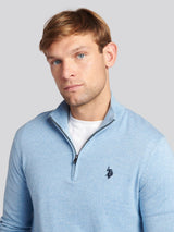 Mens Cotton Funnel Neck 1/4 Zip Knit in Parisian Blue Marl