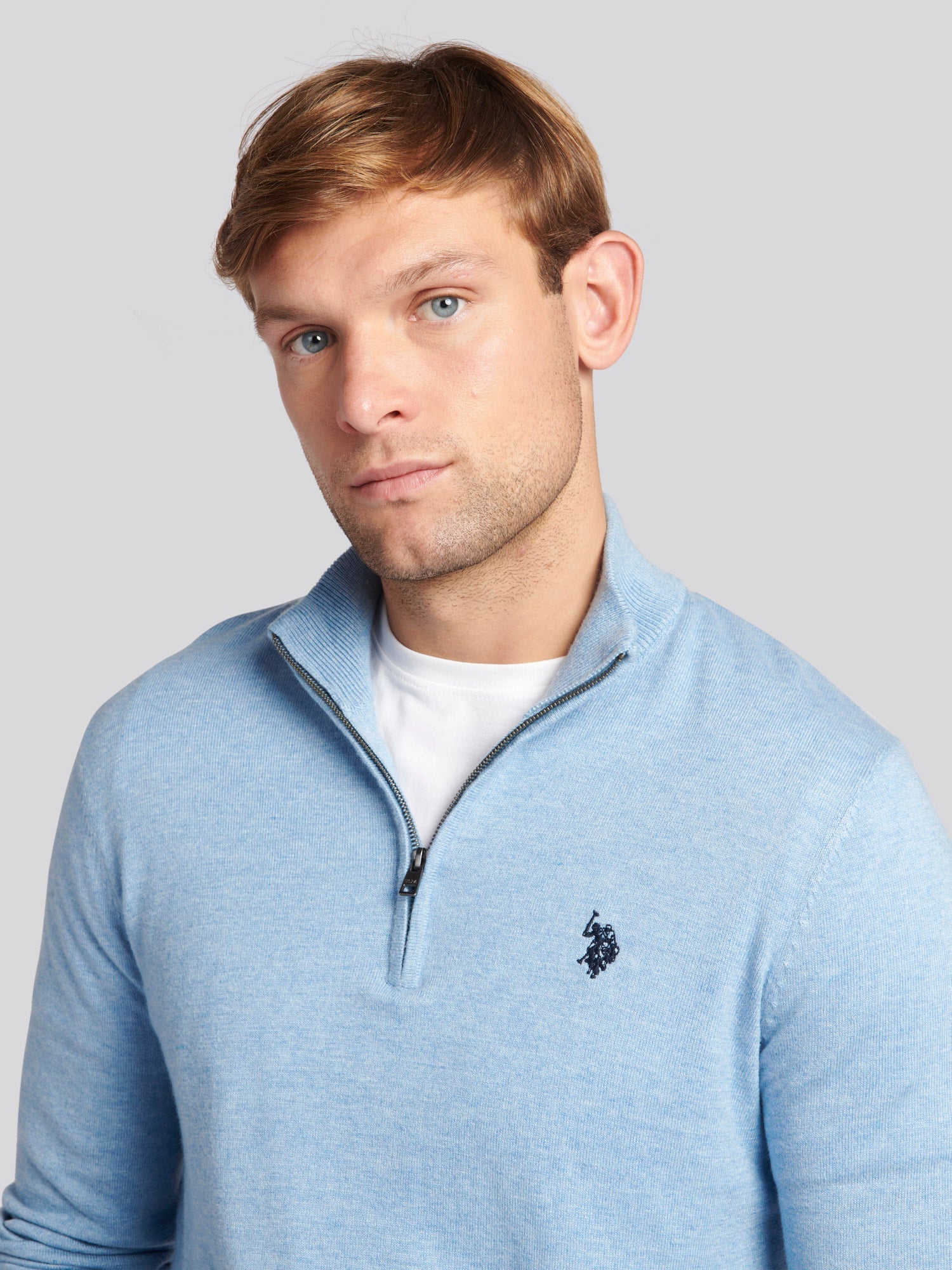 Mens Cotton Funnel Neck 1/4 Zip Knit in Parisian Blue Marl