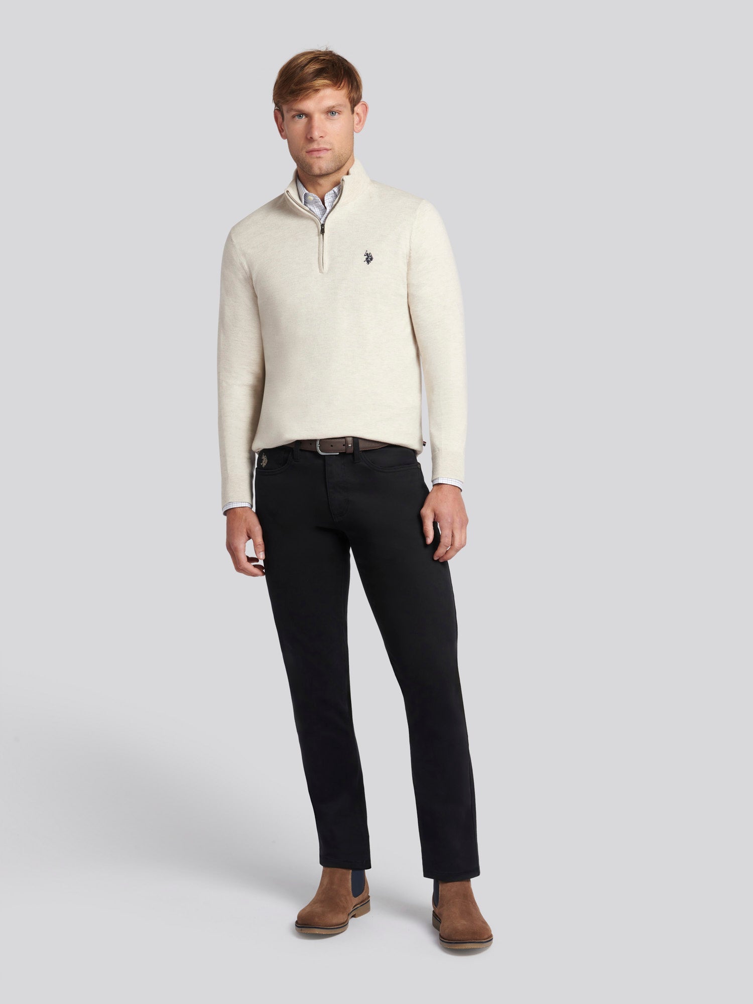Mens Cotton Funnel Neck 1/4 Zip Knit in Birch Marl