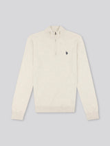 Mens Cotton Funnel Neck 1/4 Zip Knit in Birch Marl