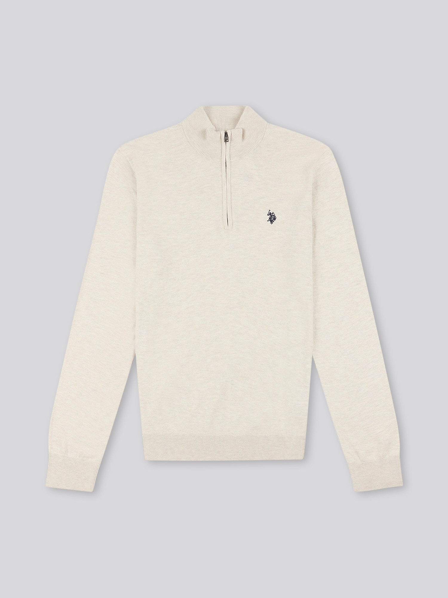 Mens Cotton Funnel Neck 1/4 Zip Knit in Birch Marl