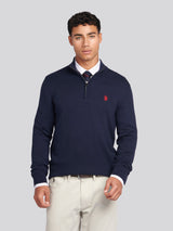 Mens Cotton Funnel Neck 1/4 Zip Knit in Dark Sapphire Navy / Haute Red DHM