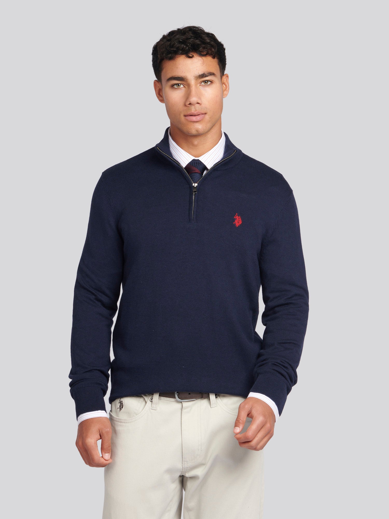 Mens Cotton Funnel Neck 1/4 Zip Knit in Dark Sapphire Navy / Haute Red DHM