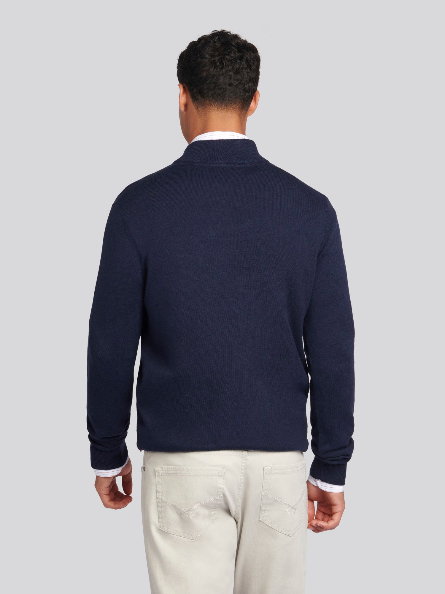 Mens Cotton Funnel Neck 1/4 Zip Knit in Dark Sapphire Navy / Haute Red DHM