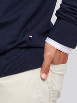 Mens Cotton Funnel Neck 1/4 Zip Knit in Dark Sapphire Navy / Haute Red DHM
