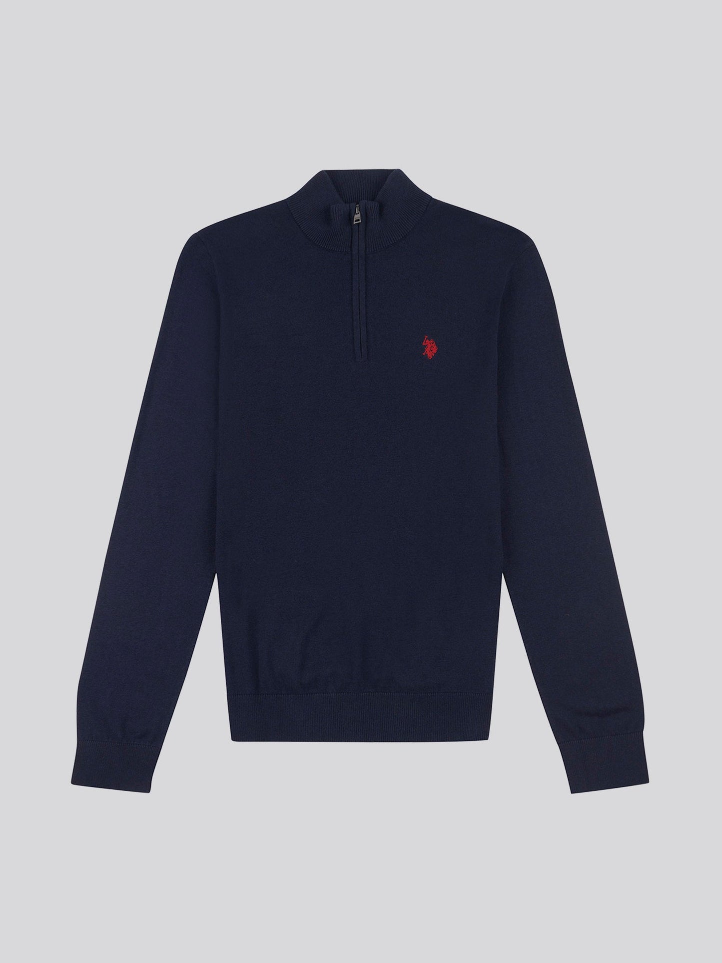 Mens Cotton Funnel Neck 1/4 Zip Knit in Dark Sapphire Navy / Haute Red DHM