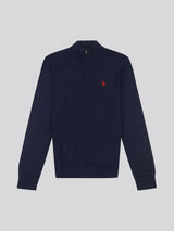 Mens Cotton Funnel Neck 1/4 Zip Knit in Dark Sapphire Navy / Haute Red DHM