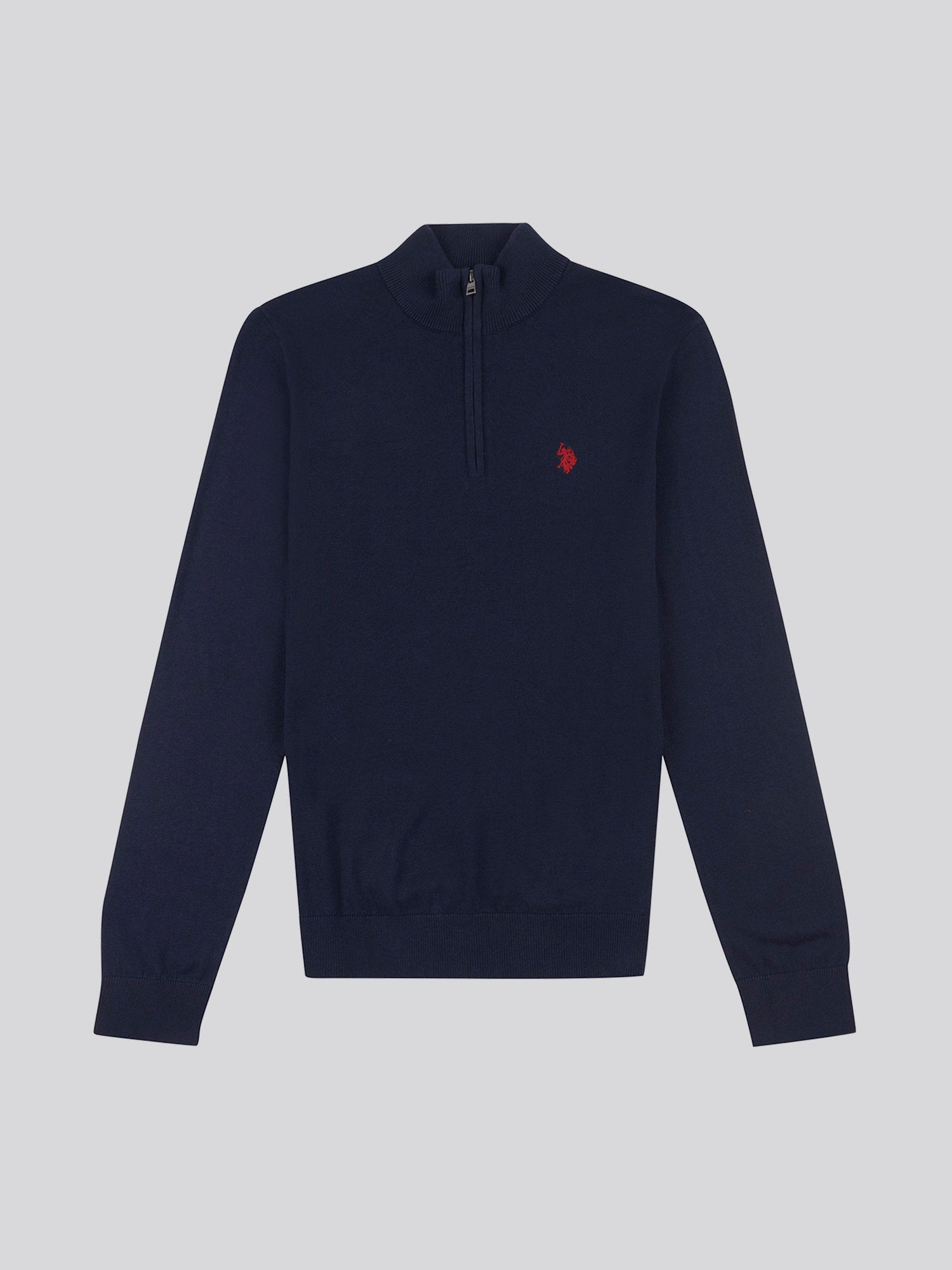 Mens Cotton Funnel Neck 1/4 Zip Knit in Dark Sapphire Navy / Haute Red DHM