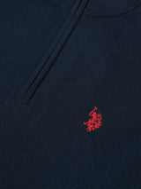 Mens Cotton Funnel Neck 1/4 Zip Knit in Dark Sapphire Navy / Haute Red DHM
