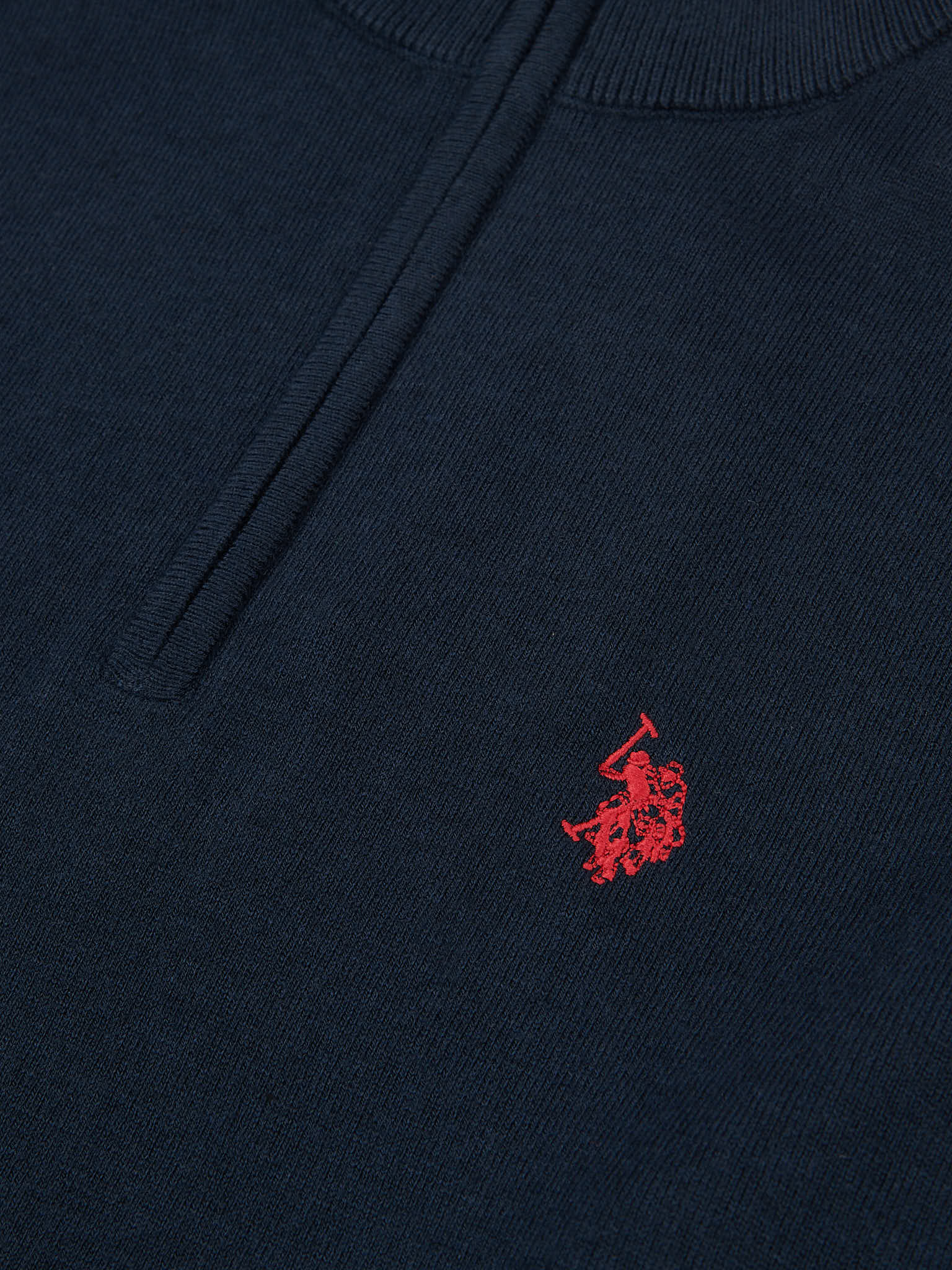 Mens Cotton Funnel Neck 1/4 Zip Knit in Dark Sapphire Navy / Haute Red DHM