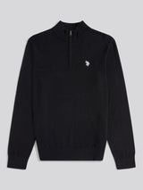 Mens Cotton Funnel Neck 1/4 Zip Knit in Black Bright White DHM
