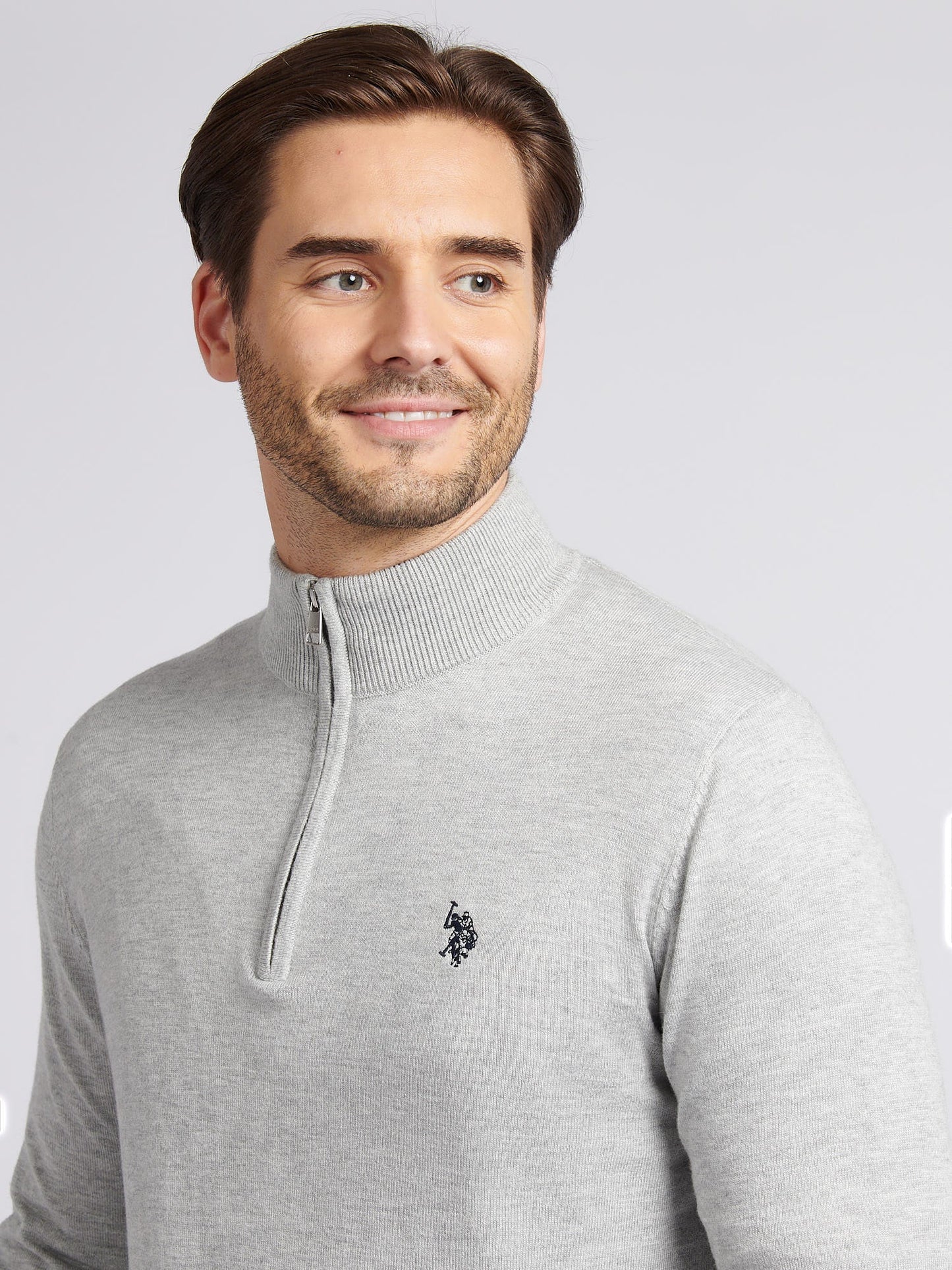 Mens Cotton Funnel Neck 1/4 Zip Knit in Mid Grey Marl