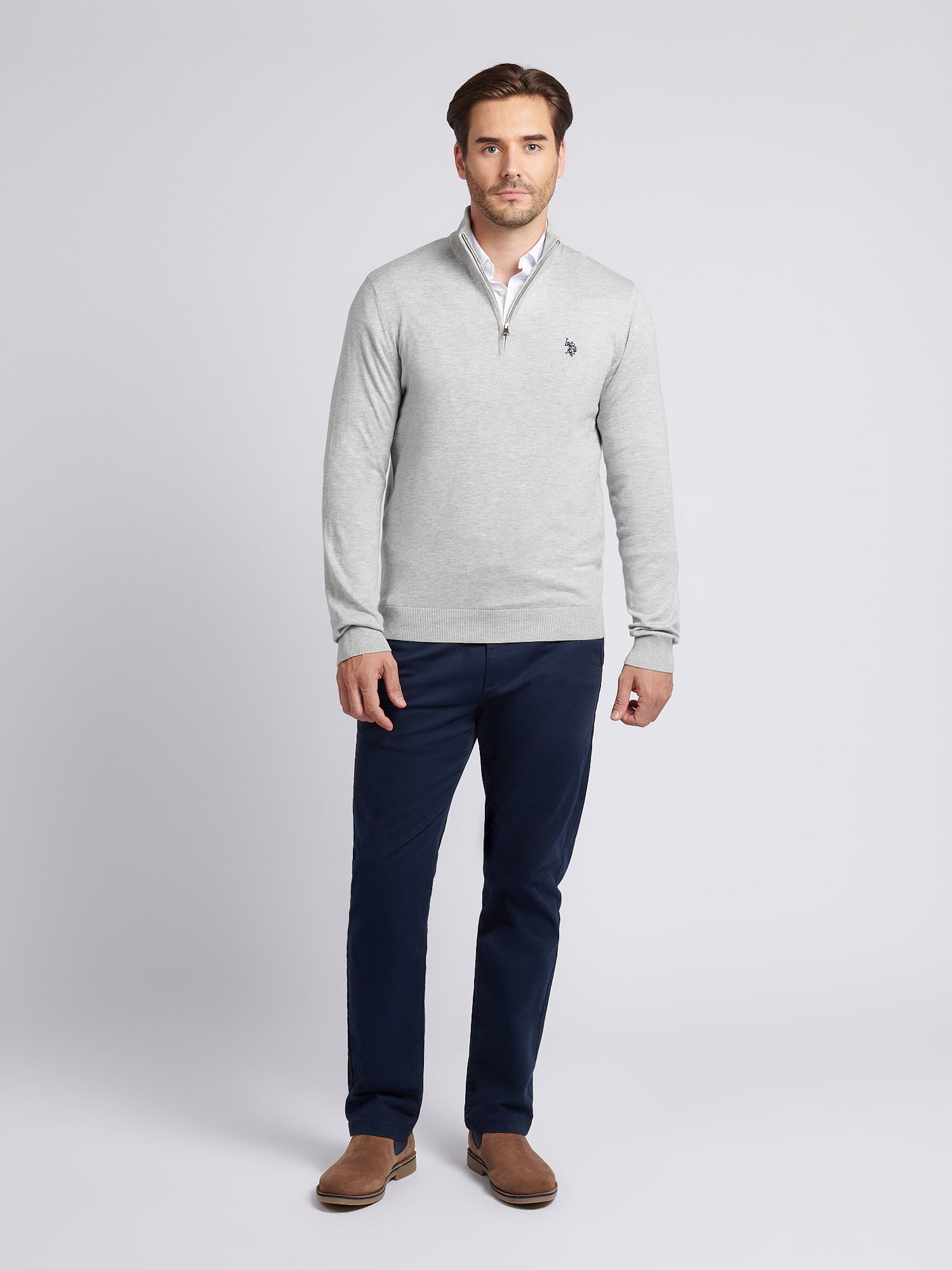 Mens Cotton Funnel Neck 1/4 Zip Knit in Mid Grey Marl