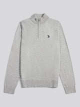 Mens Cotton Funnel Neck 1/4 Zip Knit in Mid Grey Marl