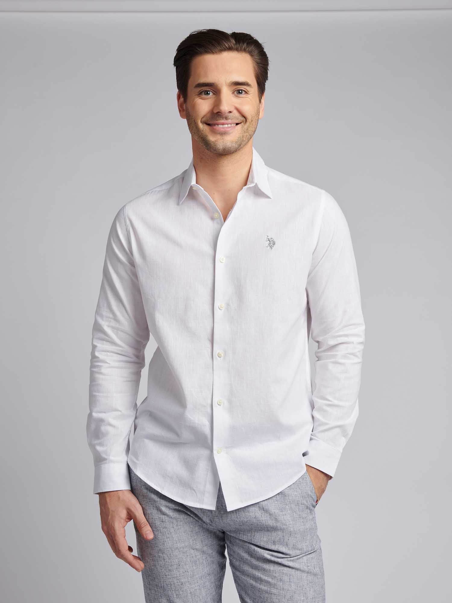 Mens Linen Blend Shirt Bright White / Harbour Mist
