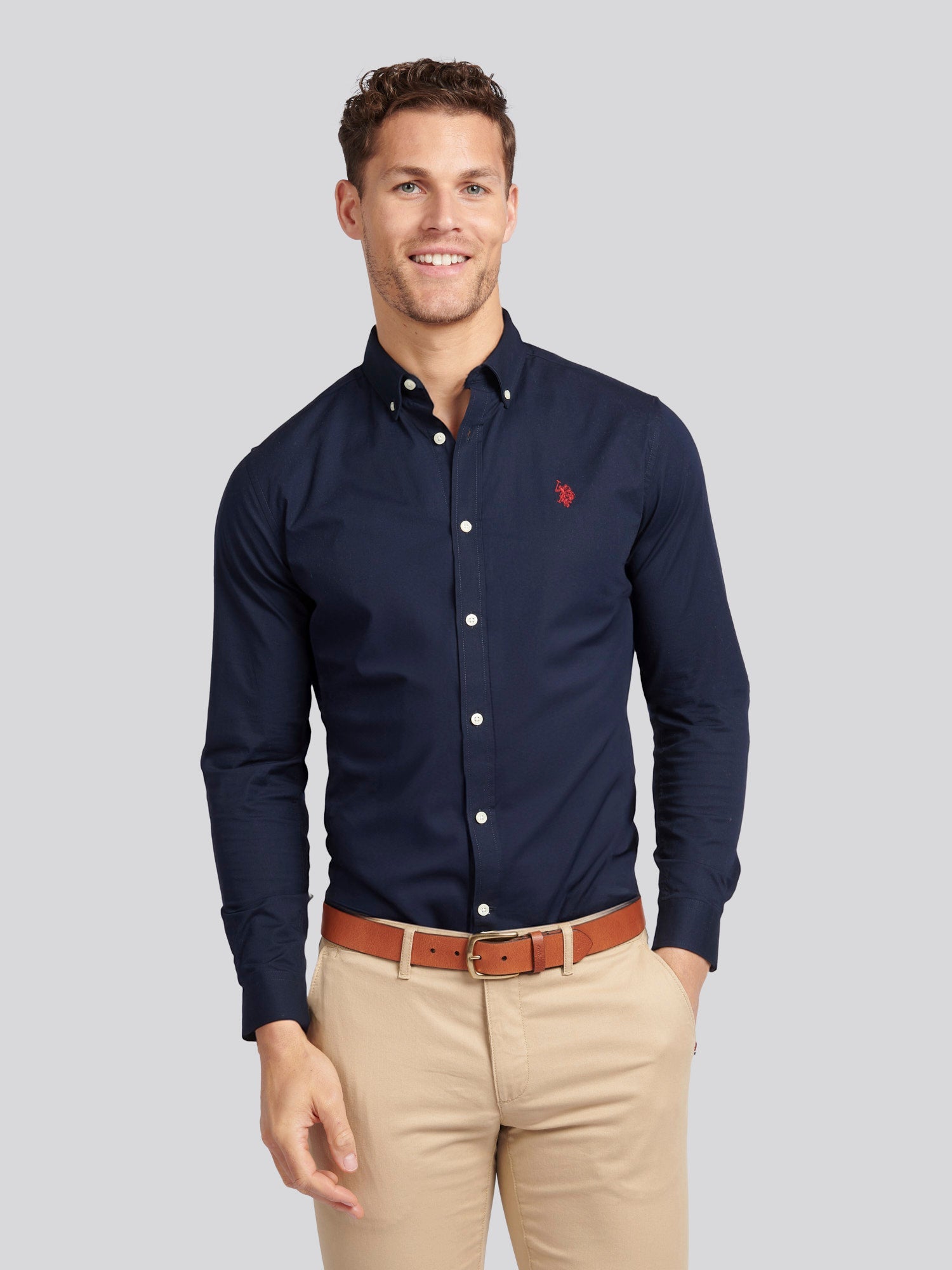 Mens Stretch Cotton Poplin Shirt Dark Sapphire Navy / Haute Red DHM