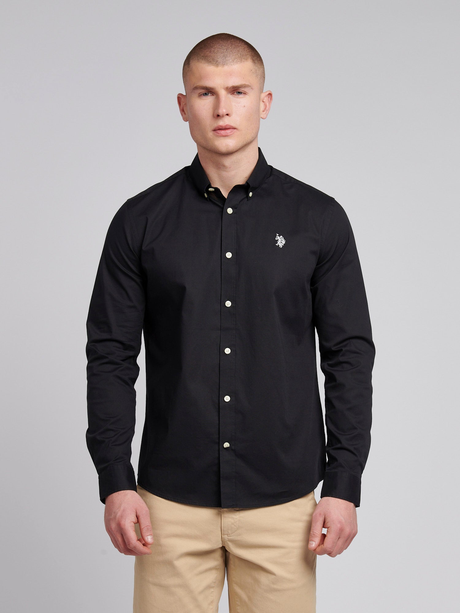 Mens Stretch Cotton Poplin Shirt Black Bright White DHM