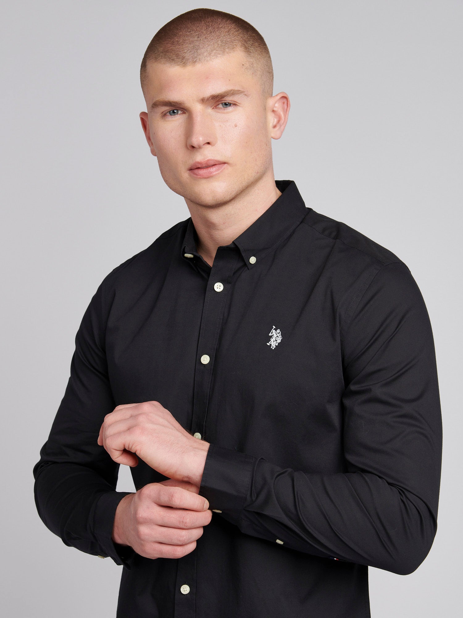 Mens Stretch Cotton Poplin Shirt Black Bright White DHM