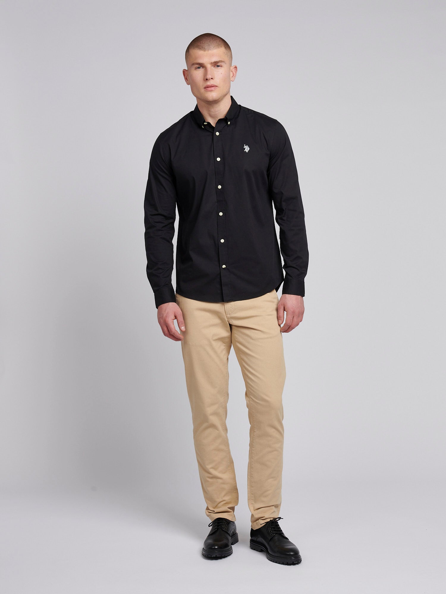 Mens Stretch Cotton Poplin Shirt Black Bright White DHM