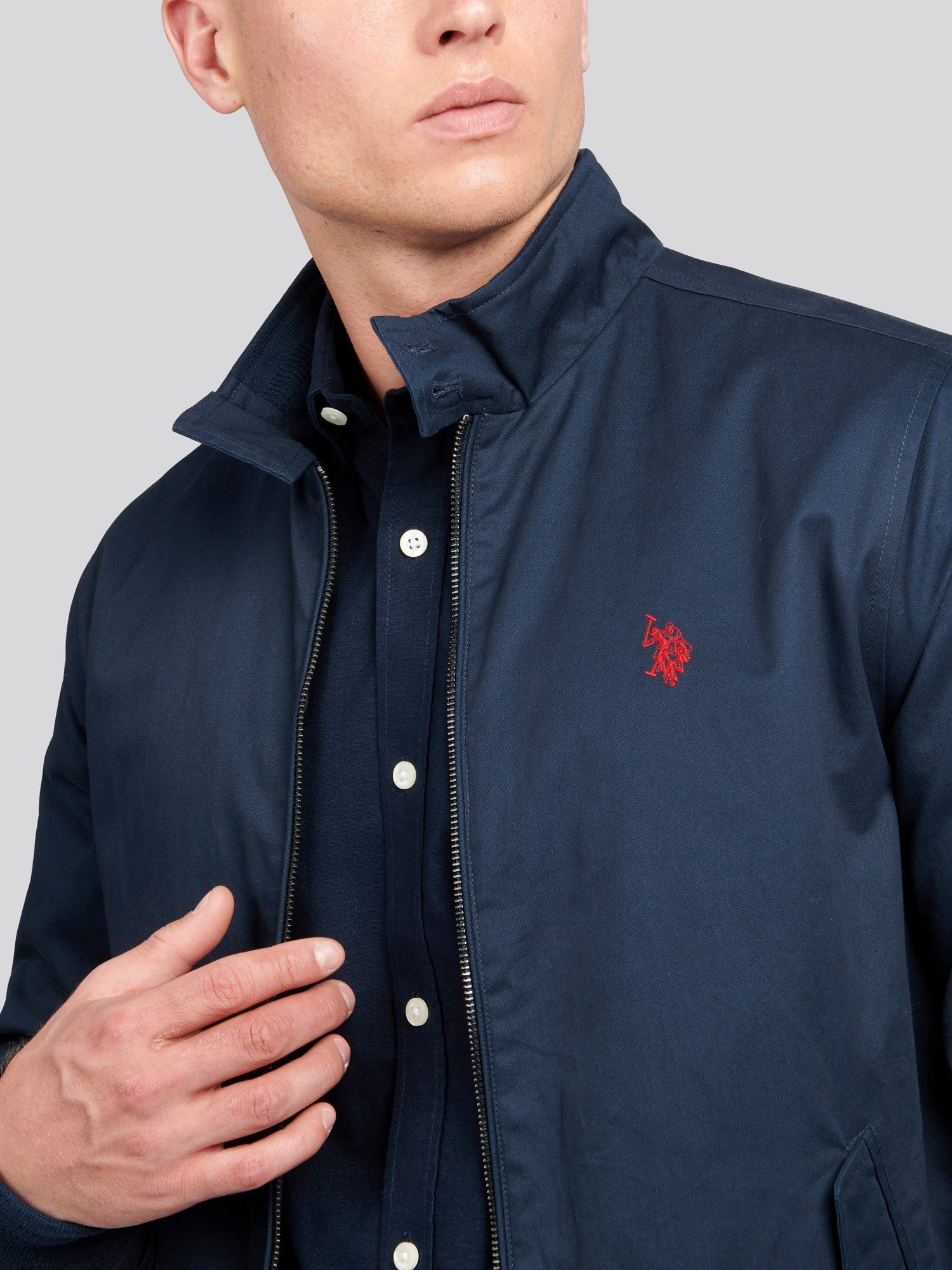 Mens Cotton Twill Harrington Jacket Dark Sapphire Navy / Haute Red DHM