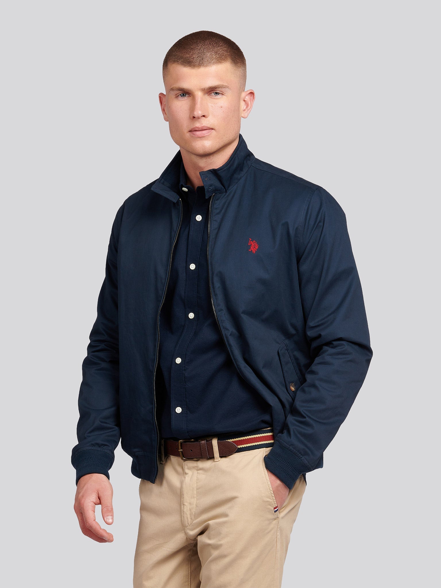 Mens Cotton Twill Harrington Jacket Dark Sapphire Navy / Haute Red DHM