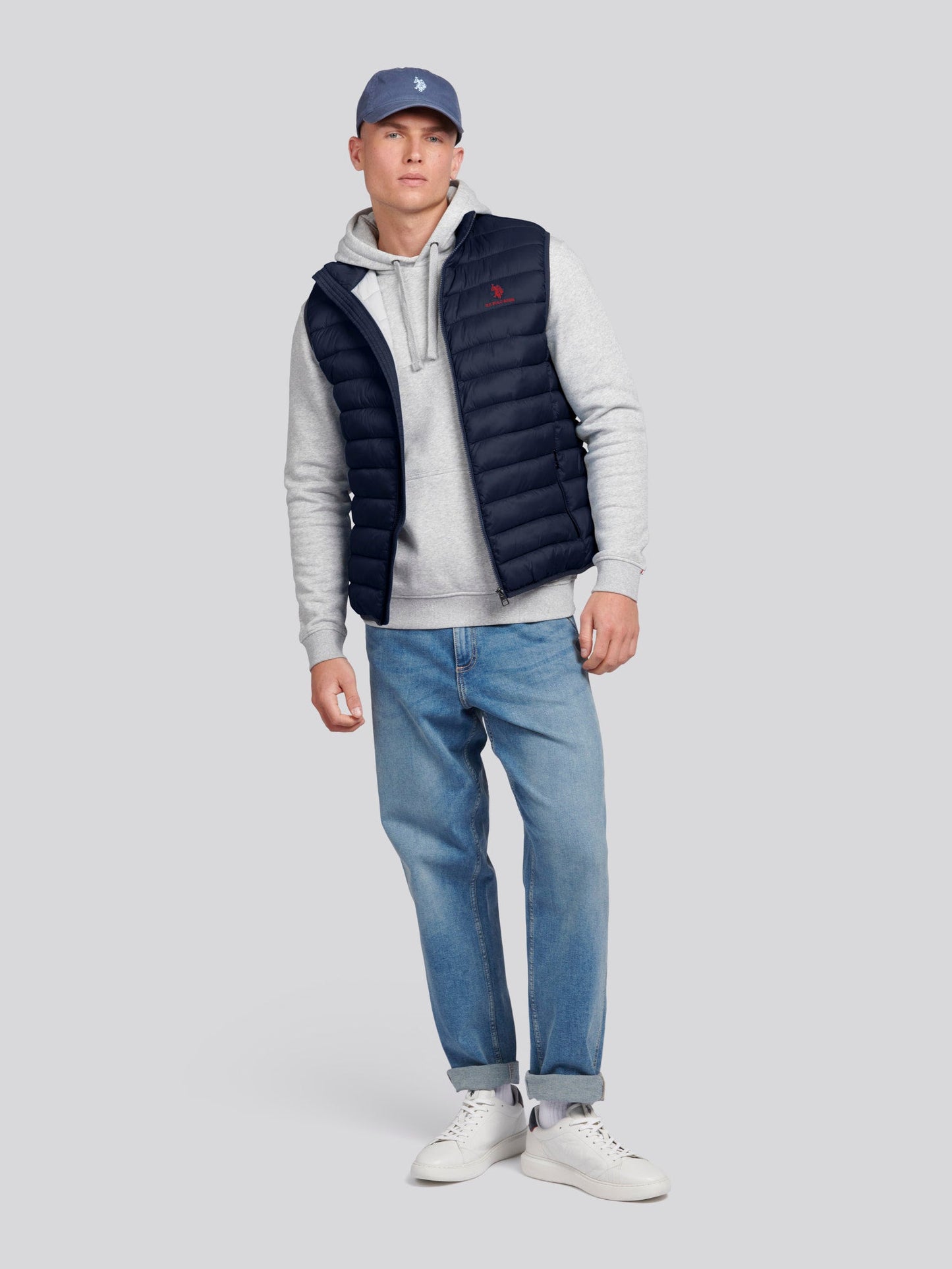 Mens Bound Quilted Gilet Dark Sapphire Navy / Haute Red DHM