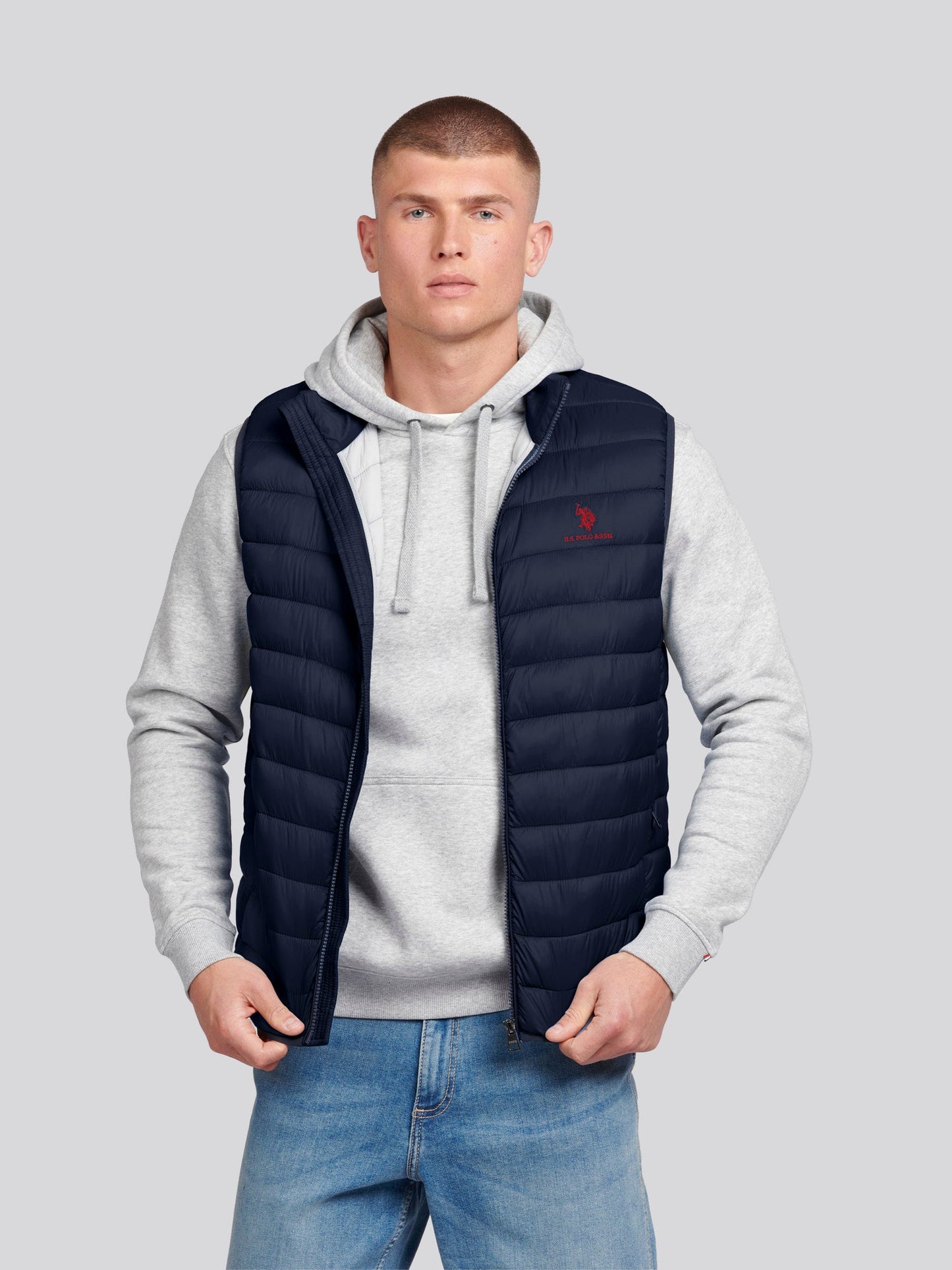 Mens Bound Quilted Gilet Dark Sapphire Navy / Haute Red DHM