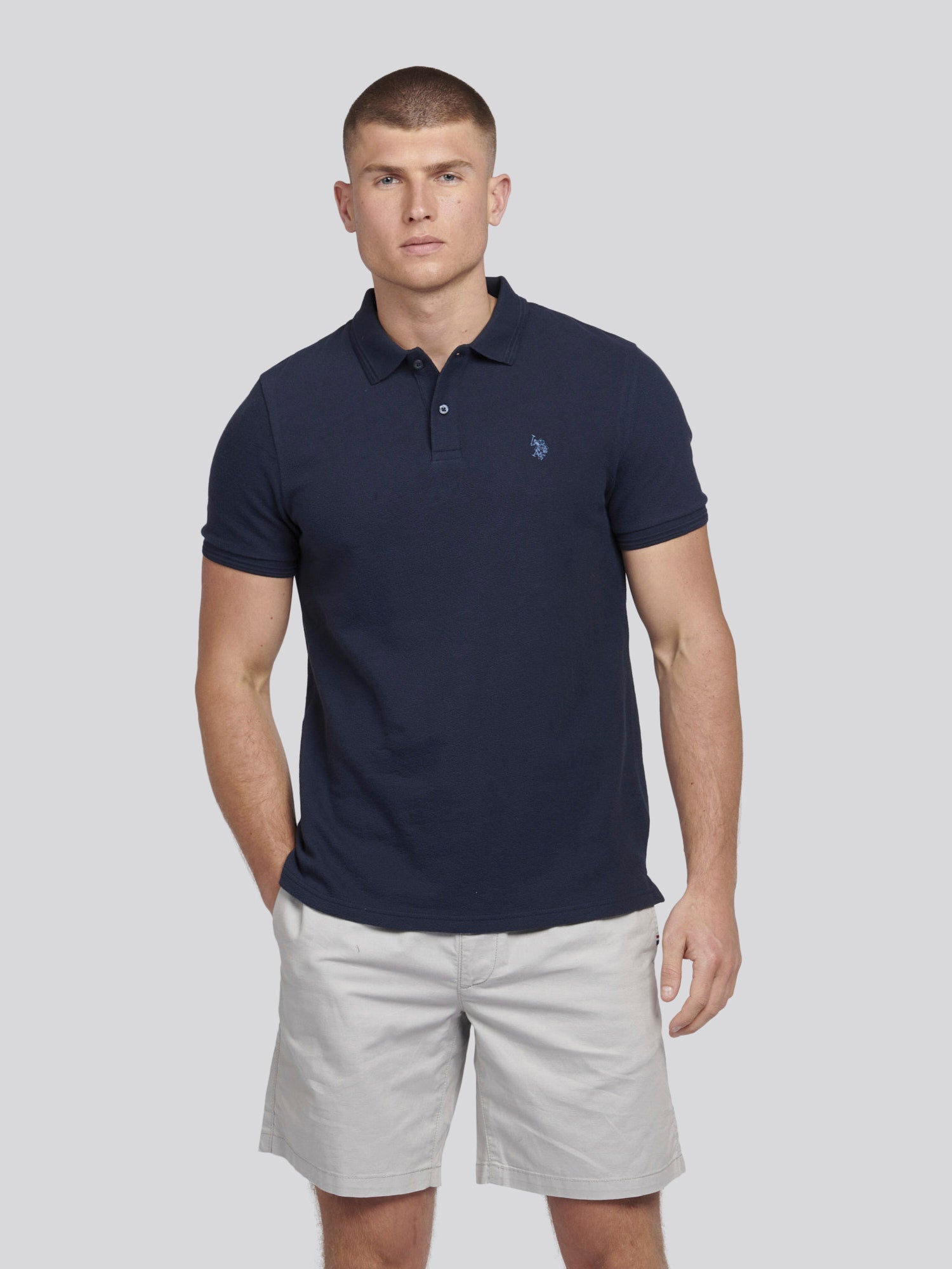Mens Texture Terry Polo Shirt Dark Sapphire Navy / Moonlight Blue DHM