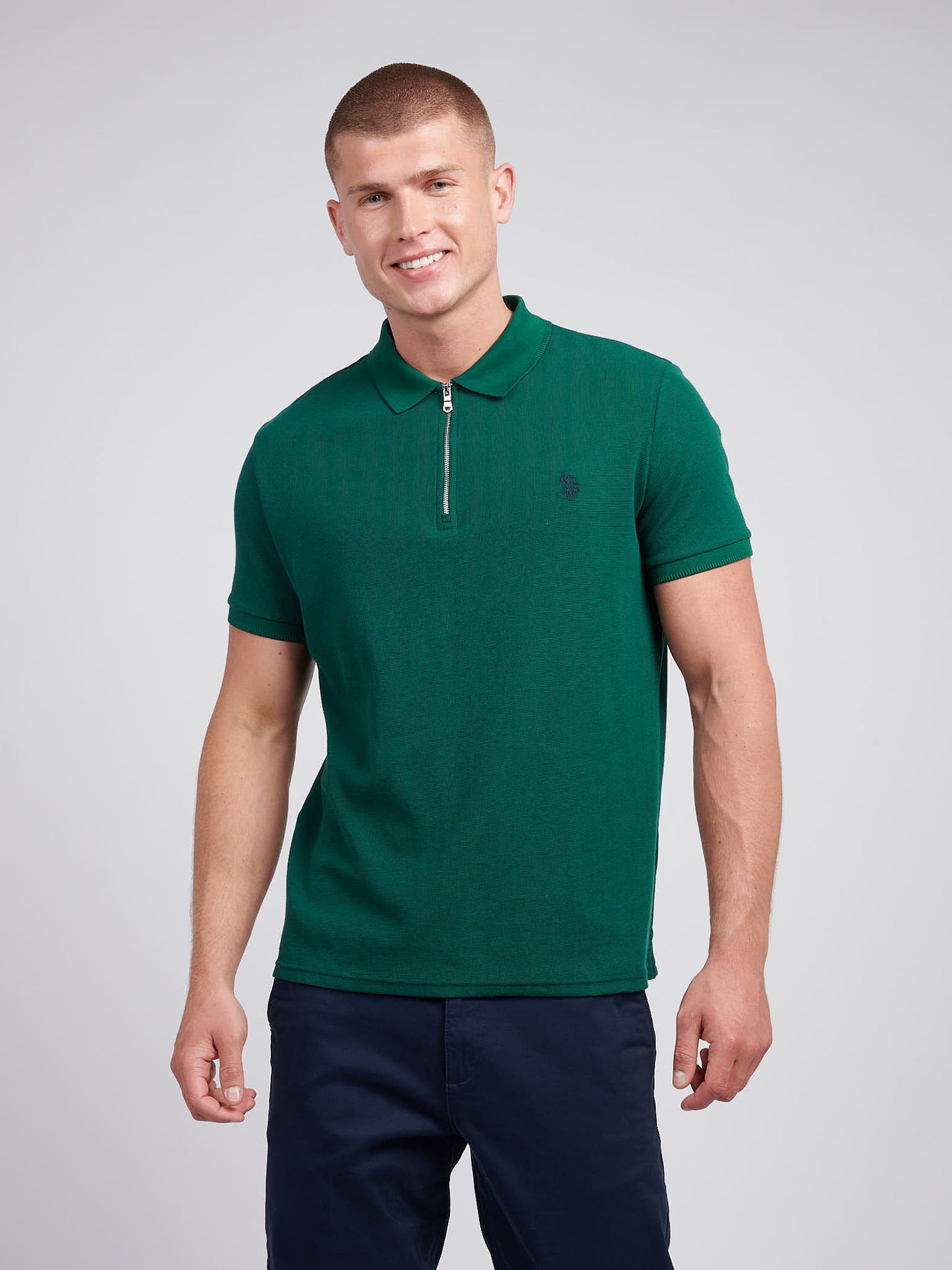 Mens Double Horsemen Texture Polo Shirt in Rain Forest