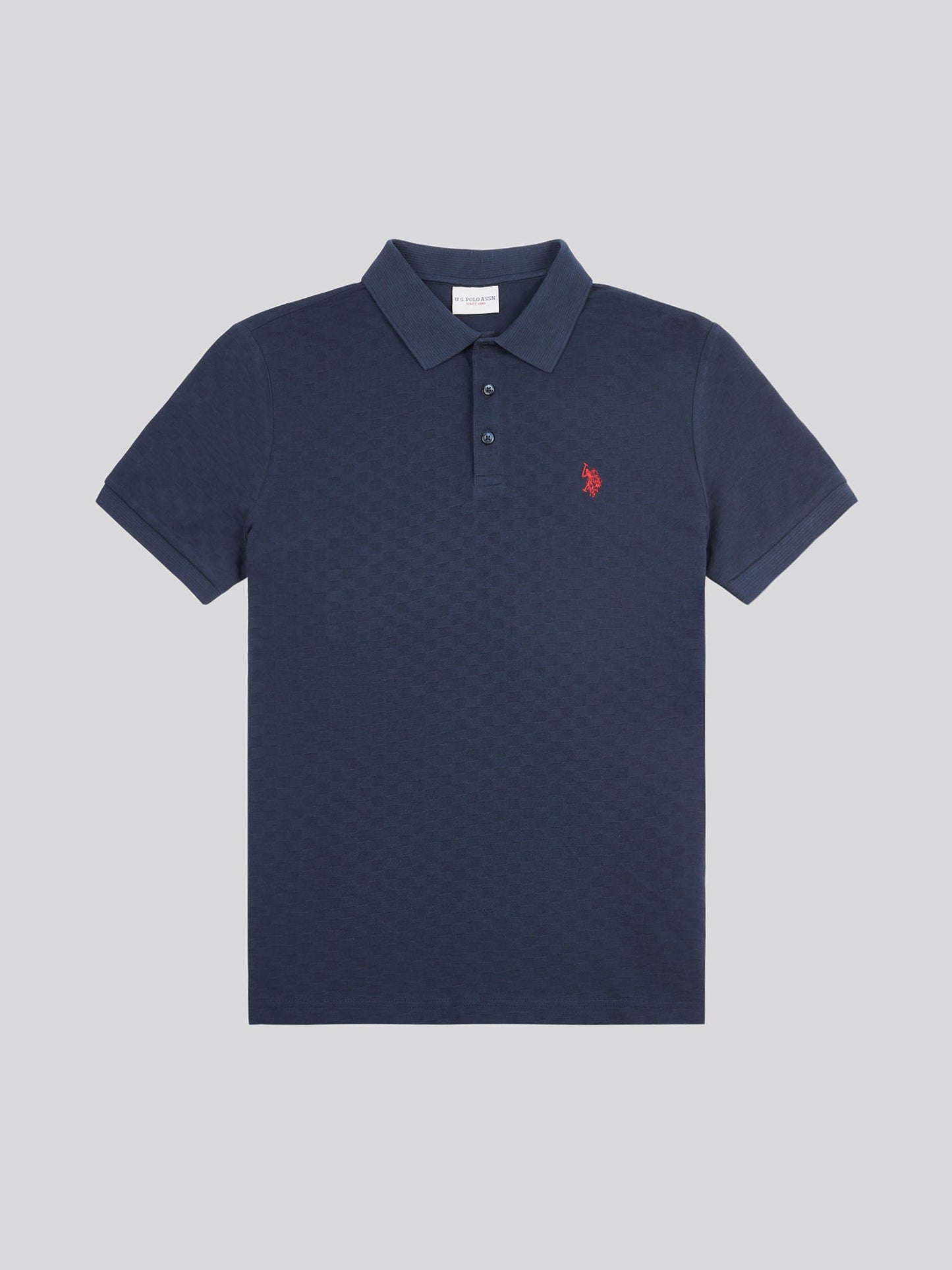 Mens Check Texture Polo Shirt in Dark Sapphire Navy / Haute Red DHM