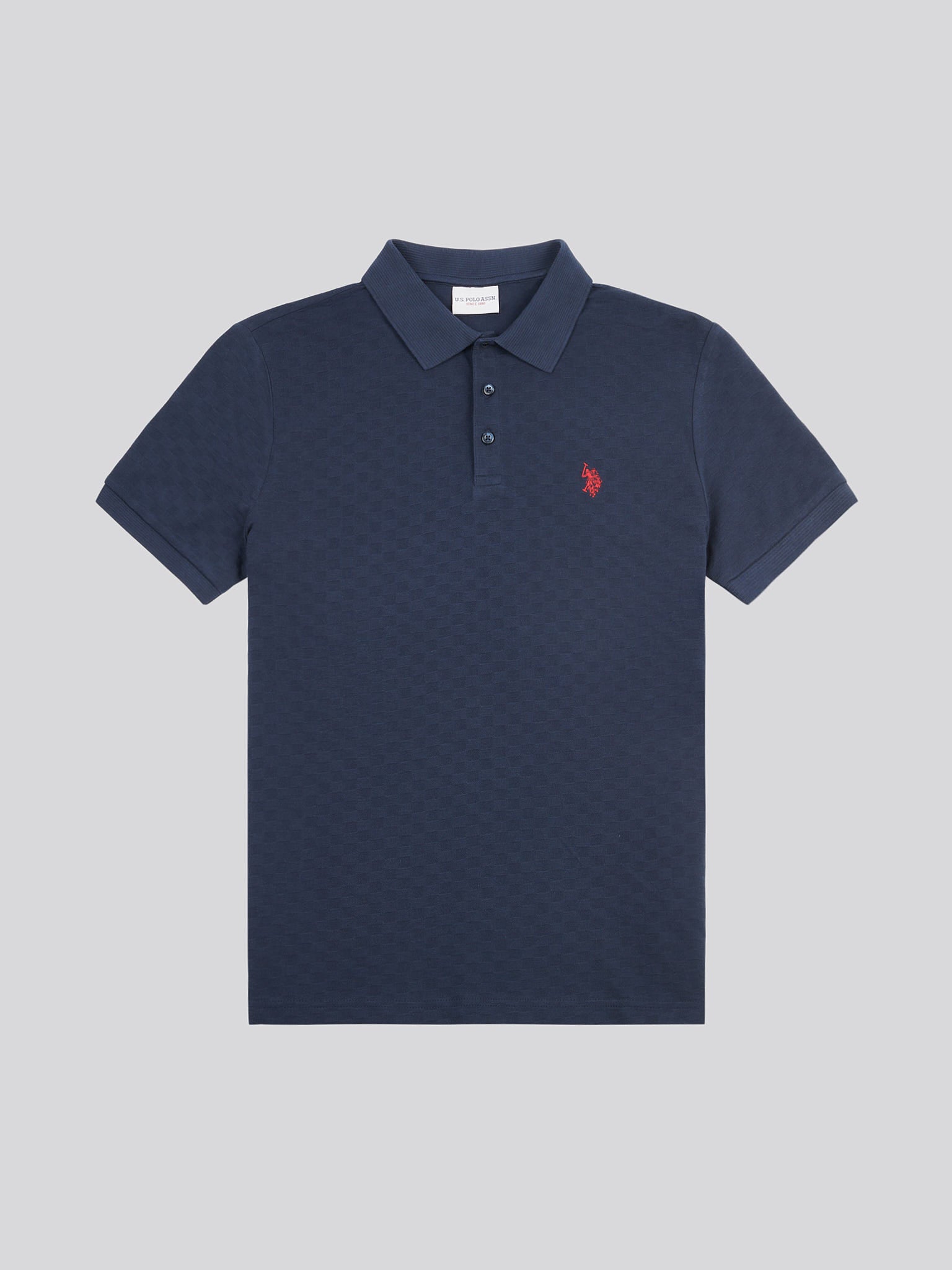 Mens Check Texture Polo Shirt in Dark Sapphire Navy / Haute Red DHM