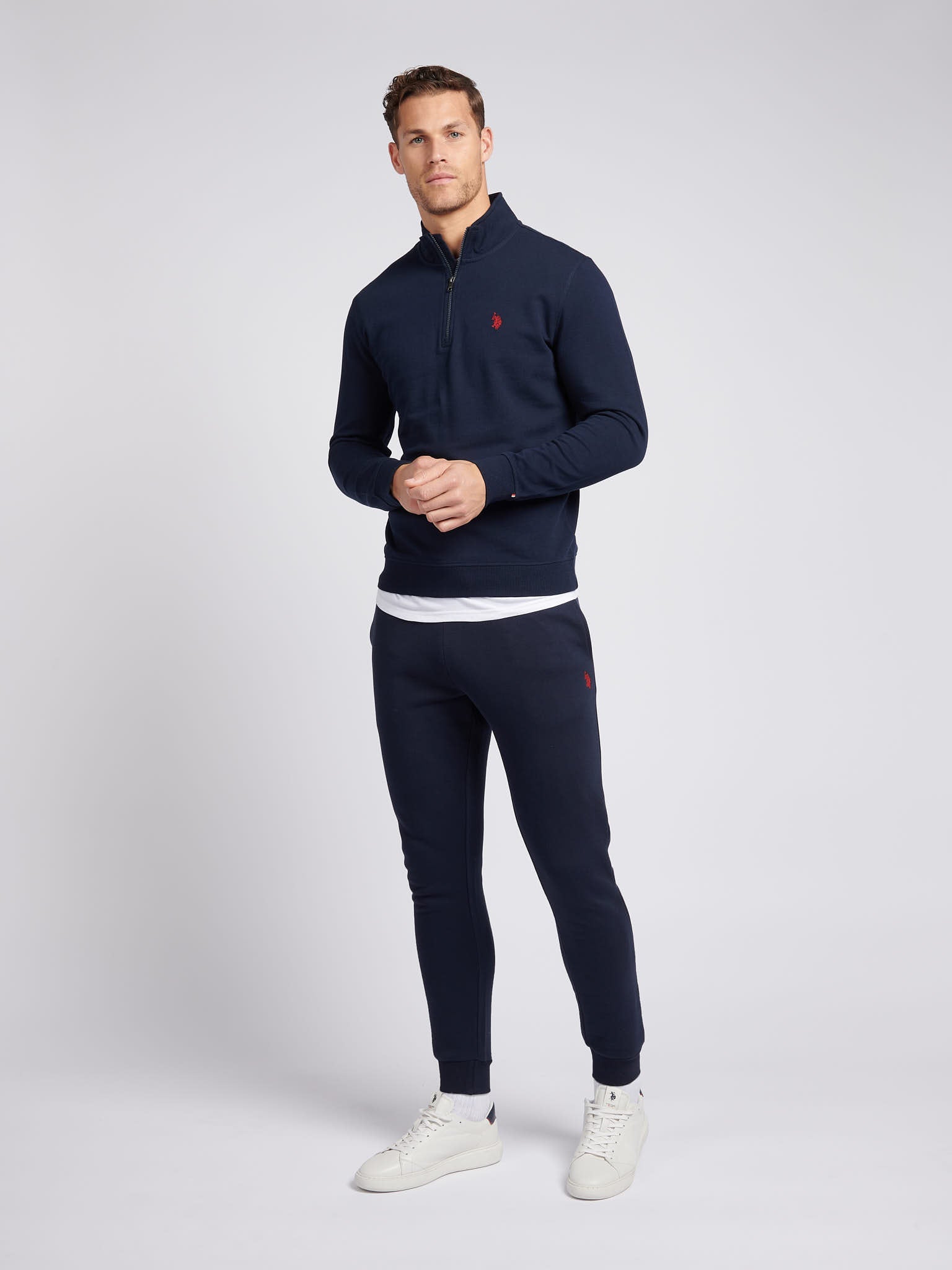 Mens 1/4 Zip Sweatshirt Dark Sapphire Navy / Haute Red DHM