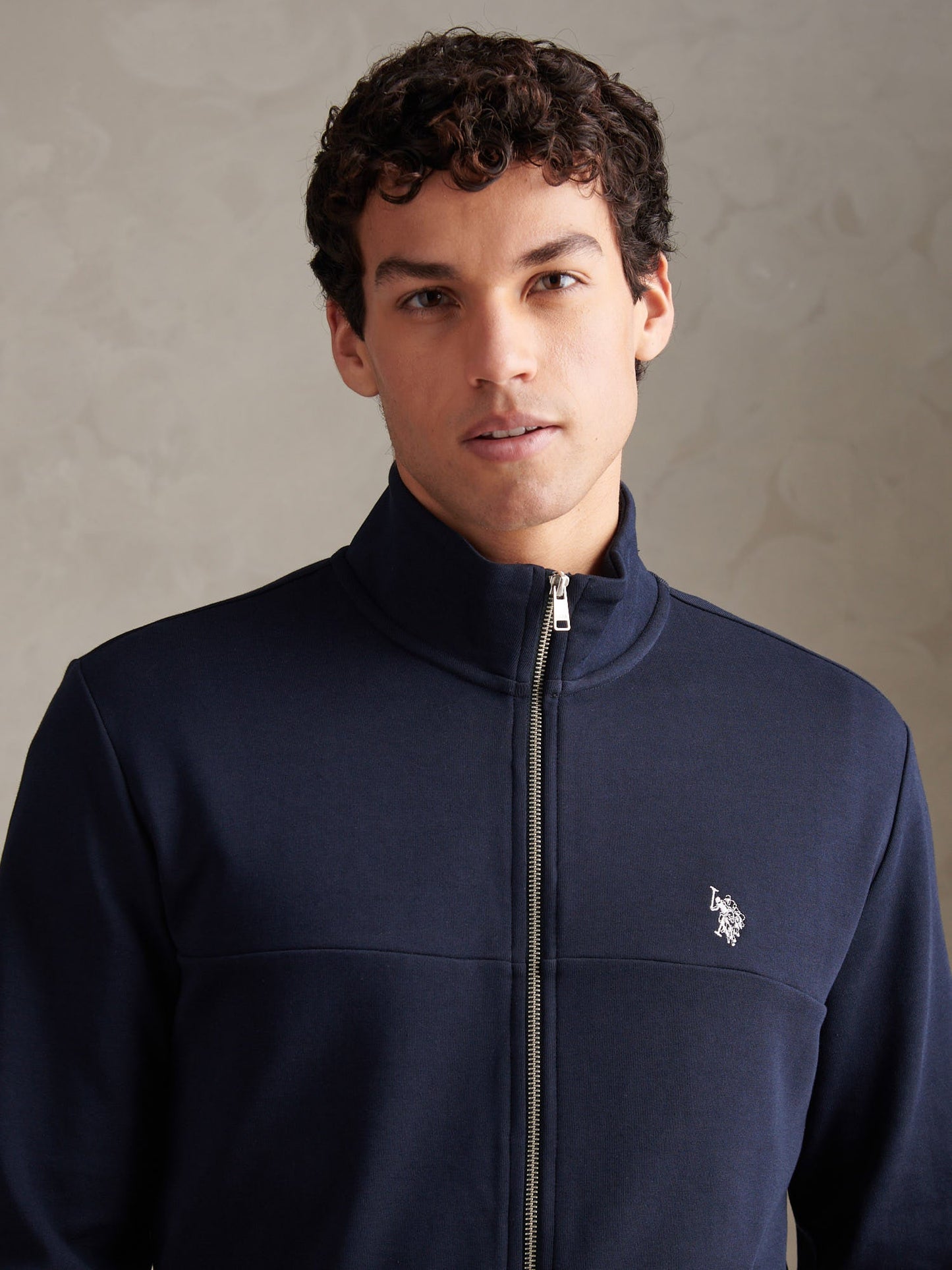 Mens Luxe Double Horsemen Zip Through Funnel Sweatshirt Dark Sapphire Navy / White DHM